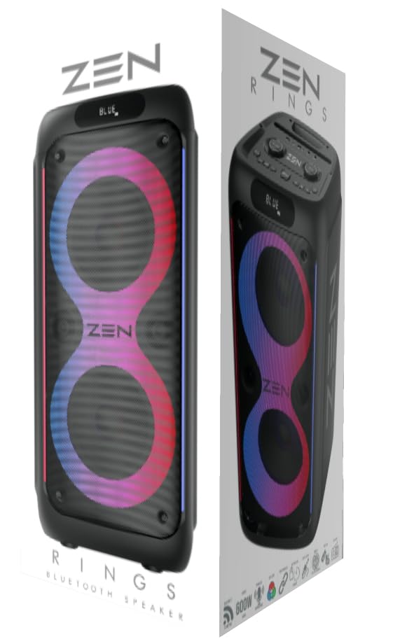 Altavoz portátil Bluetooth Zen Rings Potente de 600W, 7H de batería, luces LED RGB. Altavoz Grande con TWS, Aux in, USB, entrada de micrófono, y micrófono inalámbrico, con radio FM y con gran potencia