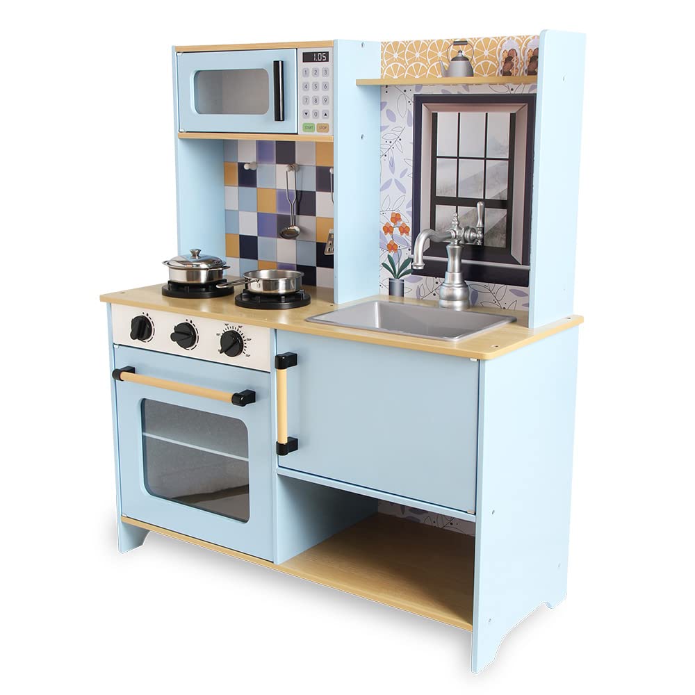 DEQUBE - Cocina de Madera 2 módulos diseño Moderno - Cocina de Juguete con Luces y Sonidos - Contiene Accesorios metálicos para el Juego - Tamaño 72X30X85 cm - Color Azul (913D00013)