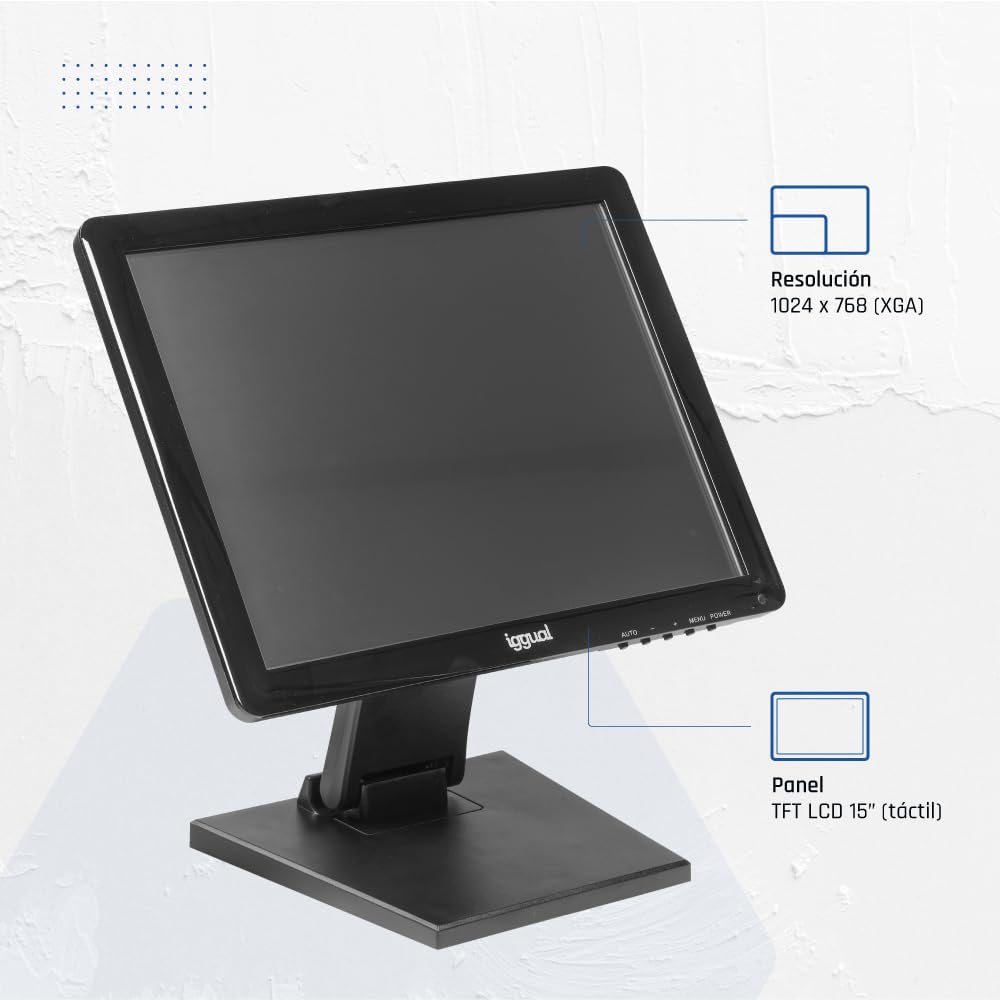 iggual Monitor Táctil de 15" - Compat Aplicaciones TPV- Panel Resistivo 75Hz TFT LCD (4:3)- SO: Wind XP hasta 11,MS-Dos, Linux- VESA 75x75mm- USB-A + VGA+HDMI, 1.024x768 XGA (349x274x69) MTL15C