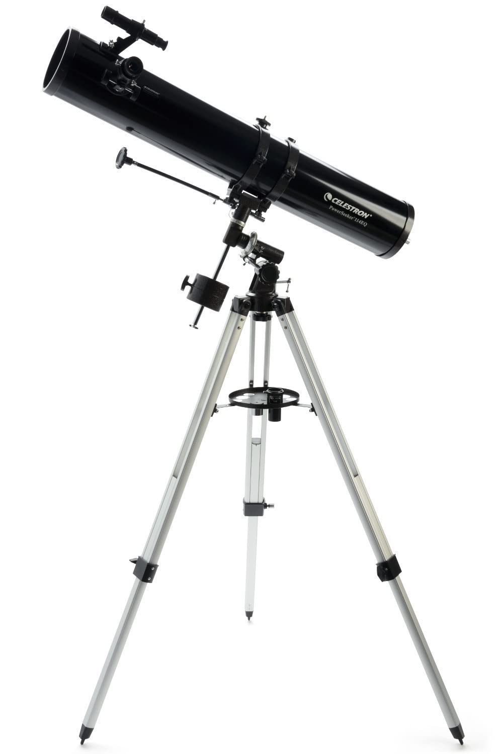 Celestron 21045 PowerSeeker 114EQ Telescopio Reflector Que Incluye Dos oculares, Lente Barlow, trípode Ajustable en Altura y Bandeja de Accesorios de Lujo, Negro