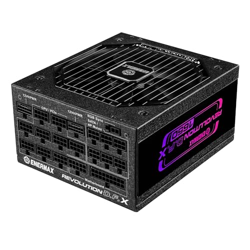 Fuente de alimentación ENERMAX Revolution D.F. X ARGB ATX3.0 PCI-e 5.0 Compact Gaming&Streaming PC 1650W 80Plus Gold (Totalmente Modular, 2X 12VHPWR, Semi-sin Ventilador), ERT1650EWT, Negro