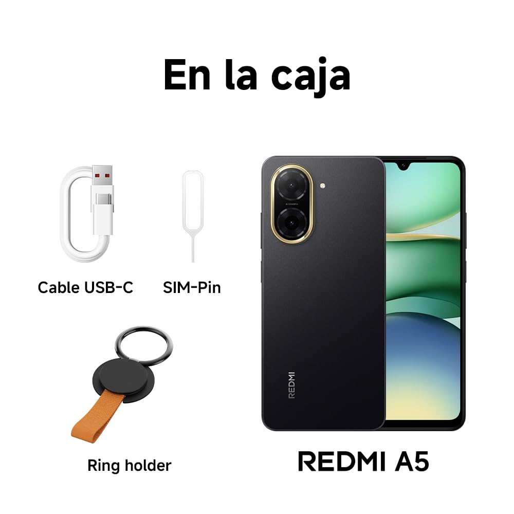 XIAOMI Redmi A5 - Smartphone de 4+128GB, Pantalla inmersiva de 6,88" 120 Hz, Potente procesador Octa Core, Cámara Dual AI de 32 MP, 5200 mAh, Cargador no Incluido, Dorado (Versión ES)