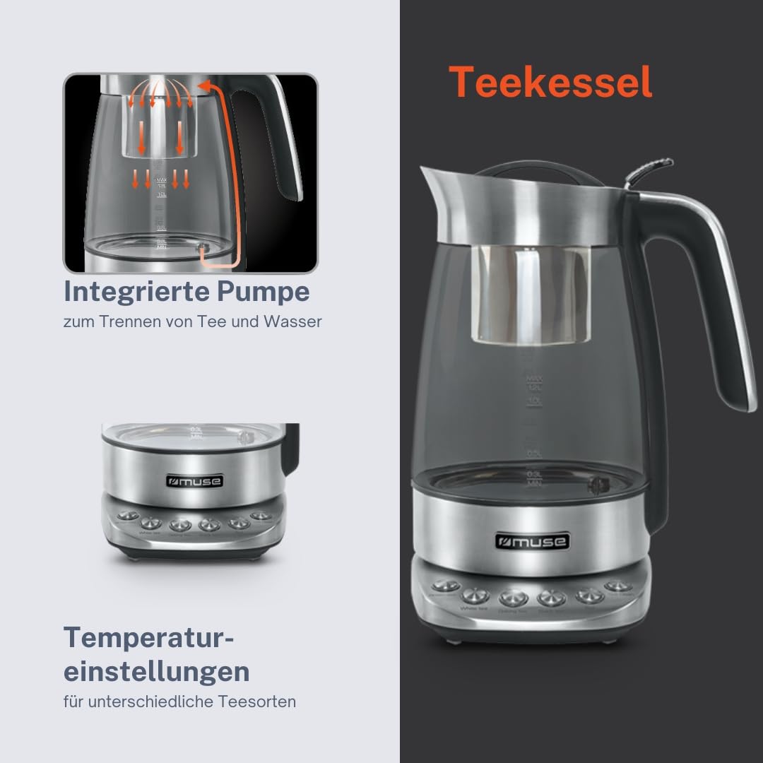 Muse MS320T. Tetera con carcasa de cristal, Función de mantener caliente, Cesta de té extraíble.