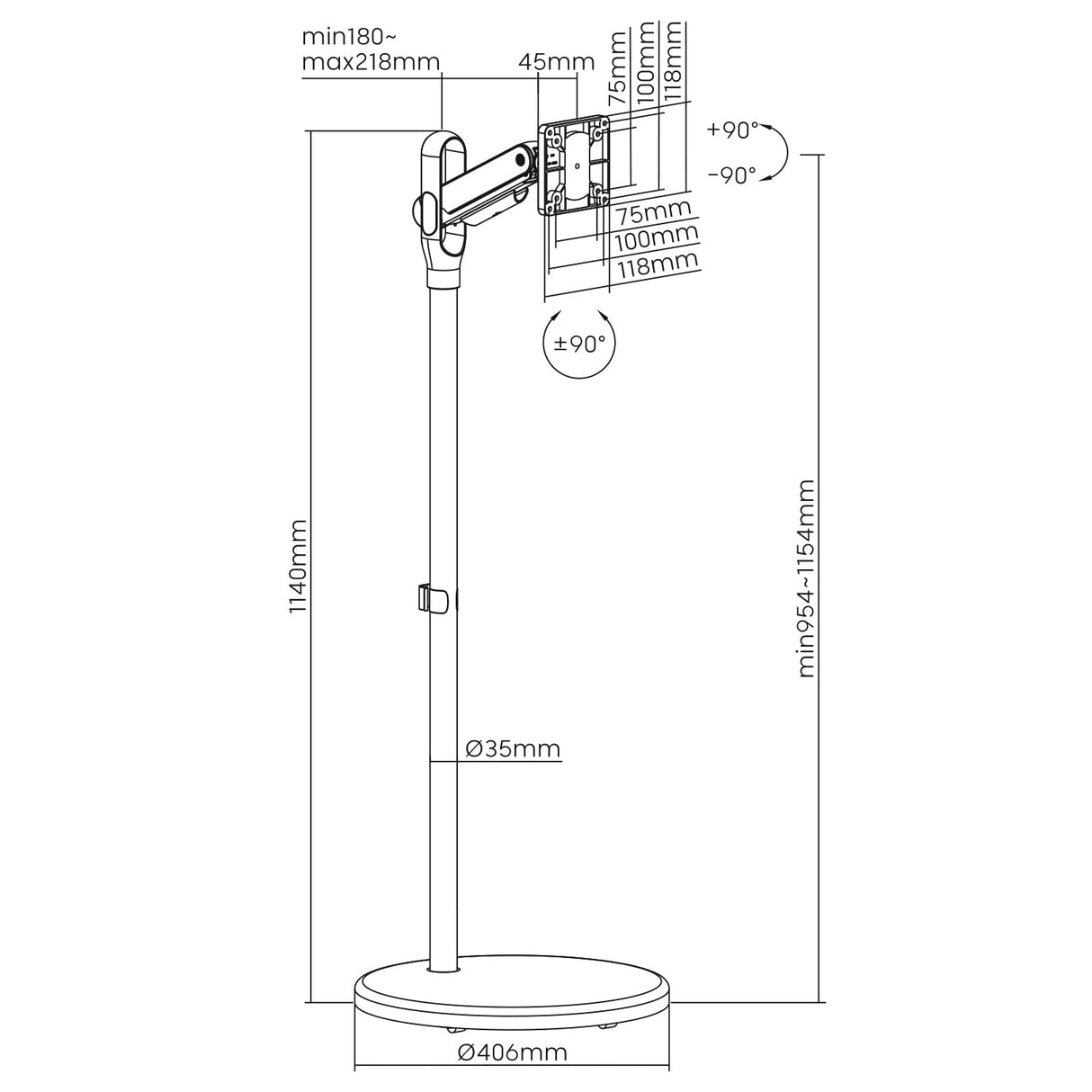 Maclean MC-970 Soporte de Suelo para Monitor Móvil/TV con Ruedas para Pantalla de 17-25", Independiente, Inclinación, Ajustable, VESA 75x75 100x100, Carga de 2 a 10kg (Negro)