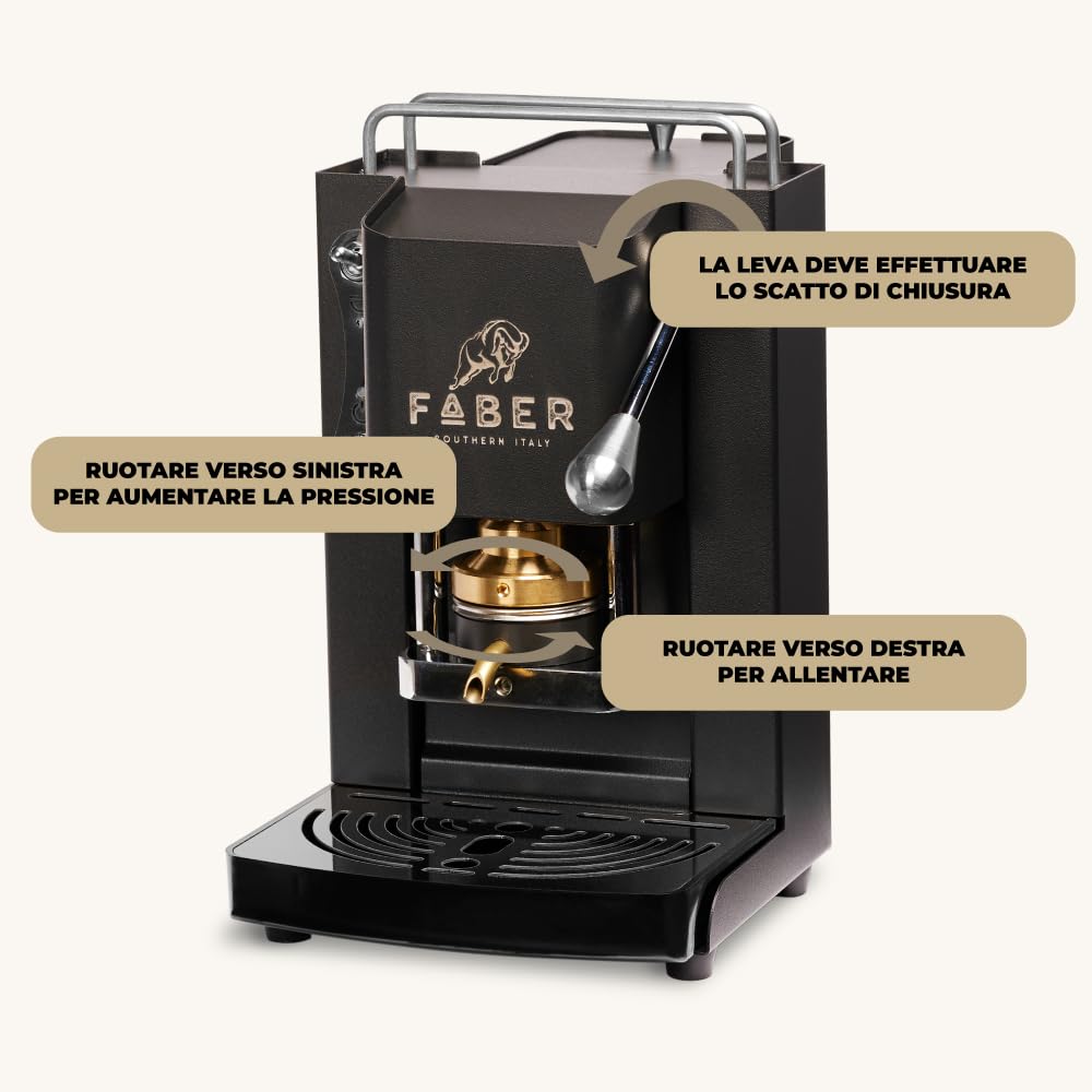 FABER COFFEE MACHINES | Modelo Pro Mini Deluxe | Cafetera con cápsulas ese 44 mm | Color Mat Black Chrome acabados | Pressacialda en latón