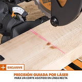 Evolution Sierra ingletadora deslizante de 185 mm (R185SMS+) de Evolution con corte multimaterial; bisel de 45°, inglete de 50°; guía láser. Incluye hoja multiusos