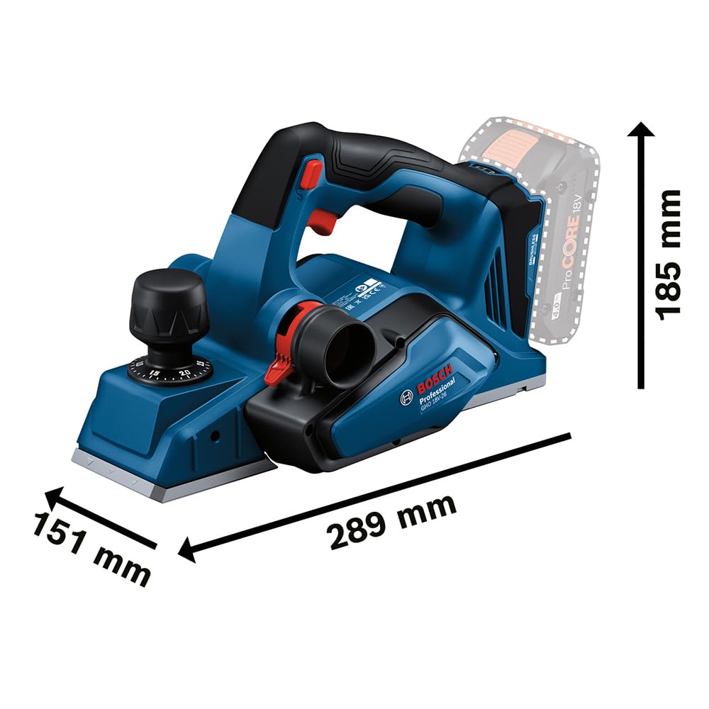 Bosch Professional 18V System cepillo a batería GHO 18V-26 (Brushless, incl. bolsa para polvo, tope paralelo, 1 cuchilla Wood Razor, sin baterías ni cargador, en L-BOXX)