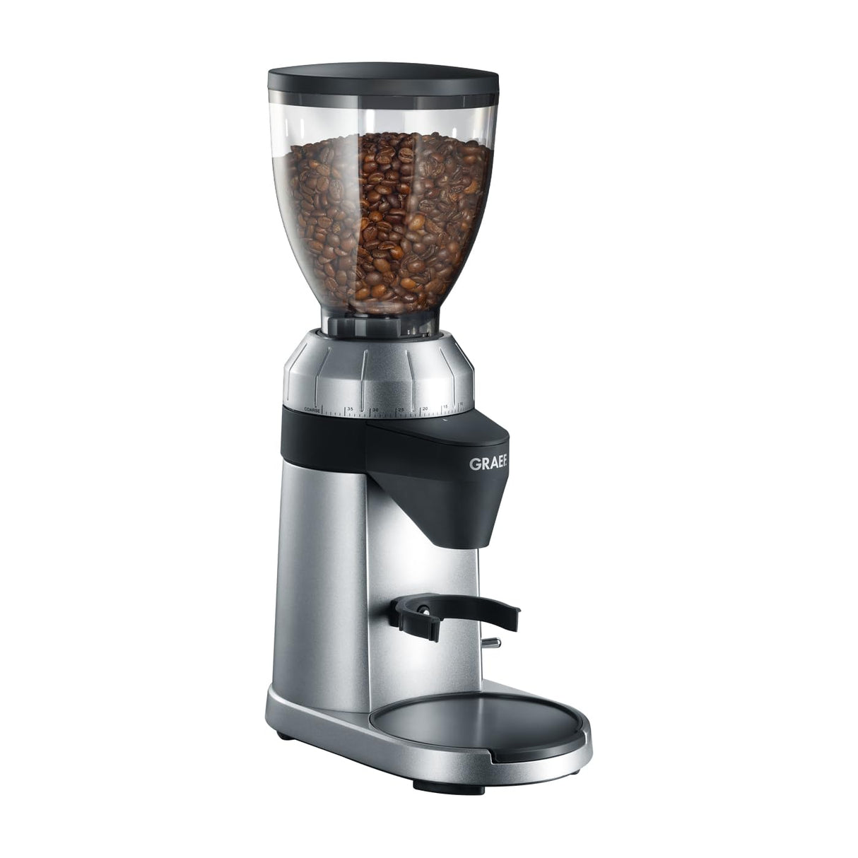 GRAEF CM 800 Molinillo de Café Eléctrico 128W, 350g, Molino Cónico Inox, Aluminio, 40 Niveles, Portafiltro, Antiestático, Plata