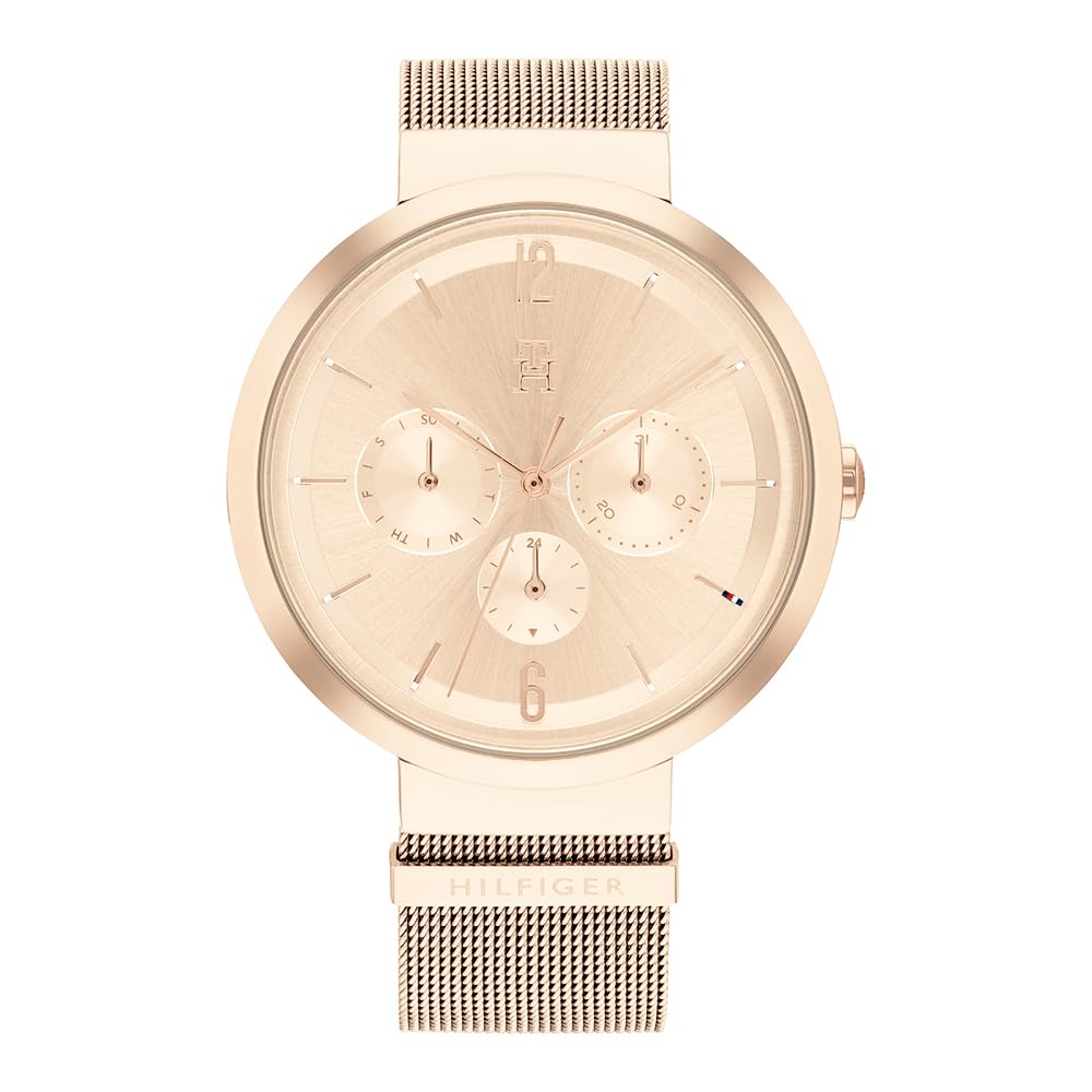 Tommy Hilfiger Reloj Analógico de Cuarzo Multifunción para Mujer con Correa de Malla de Acero Inoxidable de Oro Rosa - 1782538