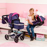 Bayer Design 18454AA Cochecito para muñecas Neo Vario con bolso cambiador y cesta de la compra, convertible en coche deportivo, altura ajustable, moderno, azul con patrón de unicornio y corazón