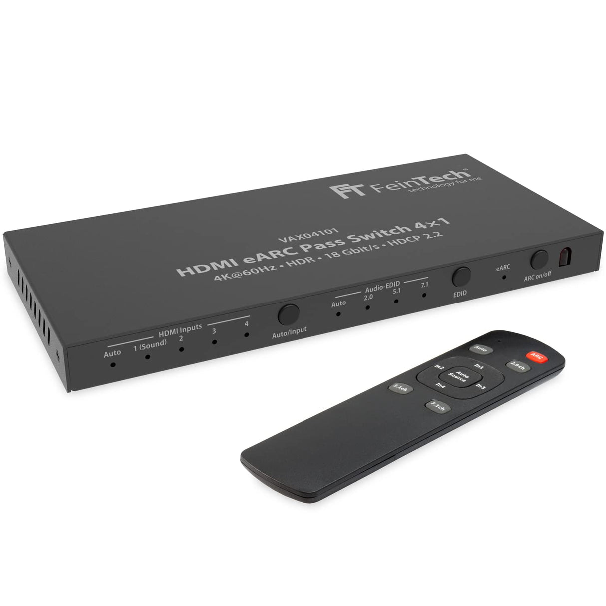 FeinTech VAX04101 HDMI eARC Pass Switch 4x1 para Barra de Sonido y videoproyector o televiso 4K Dolby Atmos