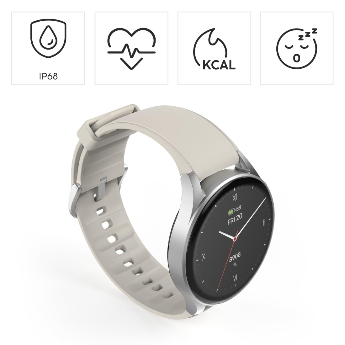 HAMA | Smartwatch 8900 (Reloj Inteligente, con GPS, Pantalla Tactil Amoled, Reloj Deportivo, Permite Hacer Llamadas en Manos Libres) Color Plata y Beige.