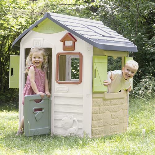 Smoby Life Casa Jura Lodge - Casa de Juegos Infantil con 2 Puertas Bajas, Ventanas con Contraventanas y Comedero para Pájaros - Material Reciclado - Resistente Rayos UV - Más de 2 años (7600810504)