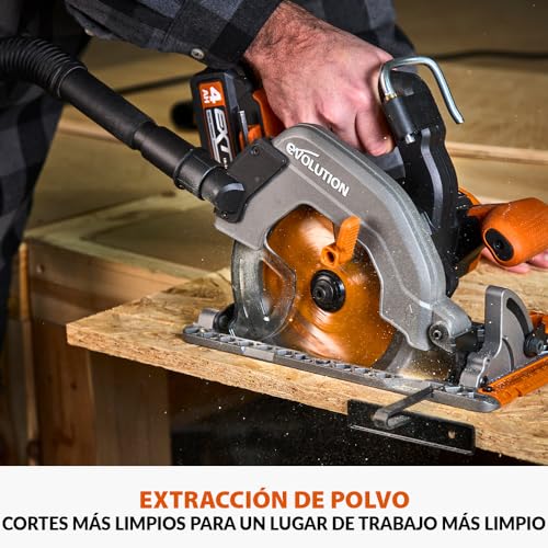Evolution Power Tools R185CCS-Li Sierra circular sin cable y sin escobillas 18v Li-Ion Incluye hoja TCT Multi-Material Corta Madera, Metal, Plástico, Guía Incluida, Batería y Cargador Incluidos, 185mm