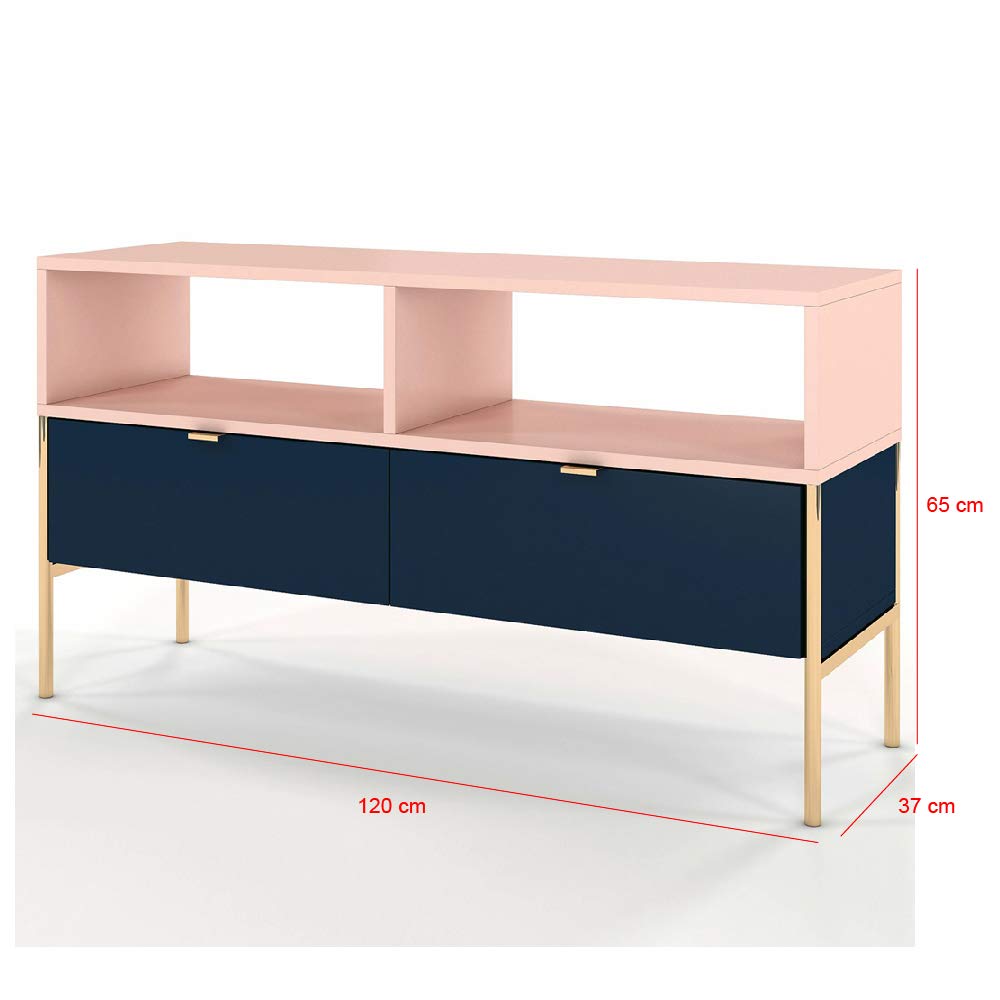 Selsey Mueble de TV, Color Azul Oscuro/Rosa/Estructura de Metal Dorada, 120 x 65 x 37