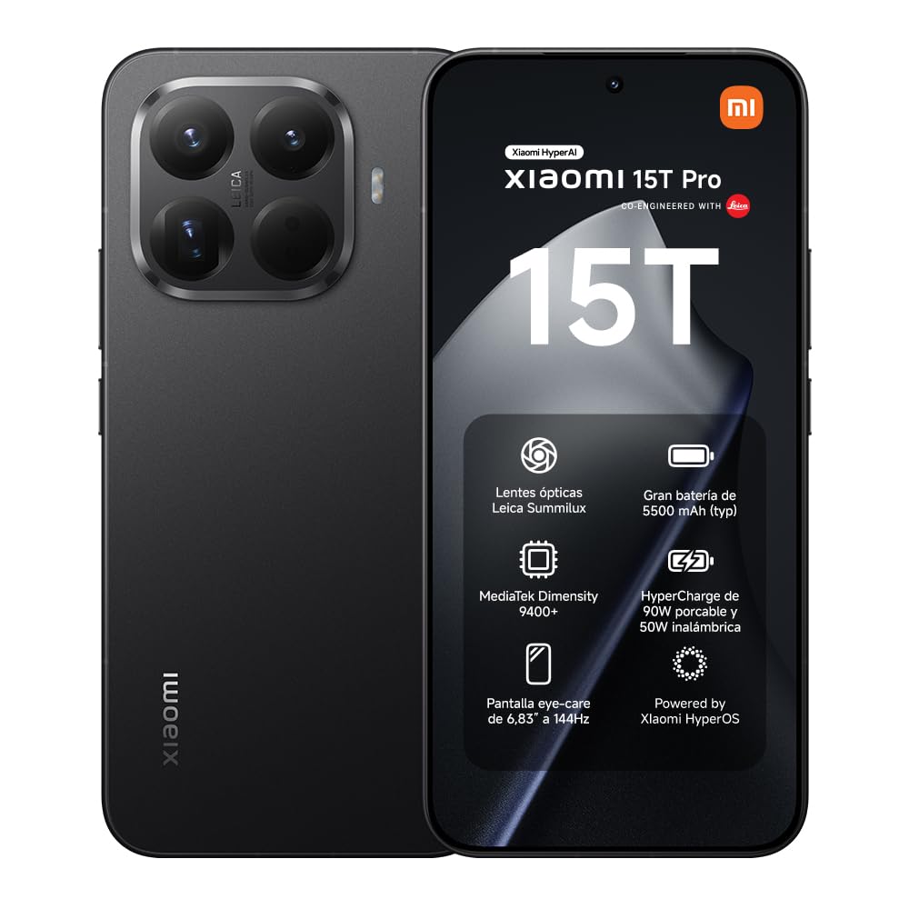 Xiaomi 15T Pro - Smartphone de 12+1024GB, Lente óptica Leica Summilux, MediaTek Dimensity 9400+, Pantalla Eye Care de 6,83" 144 Hz, HyperCharge de 90W, Cargador no Incluido, Negro (Versión ES)