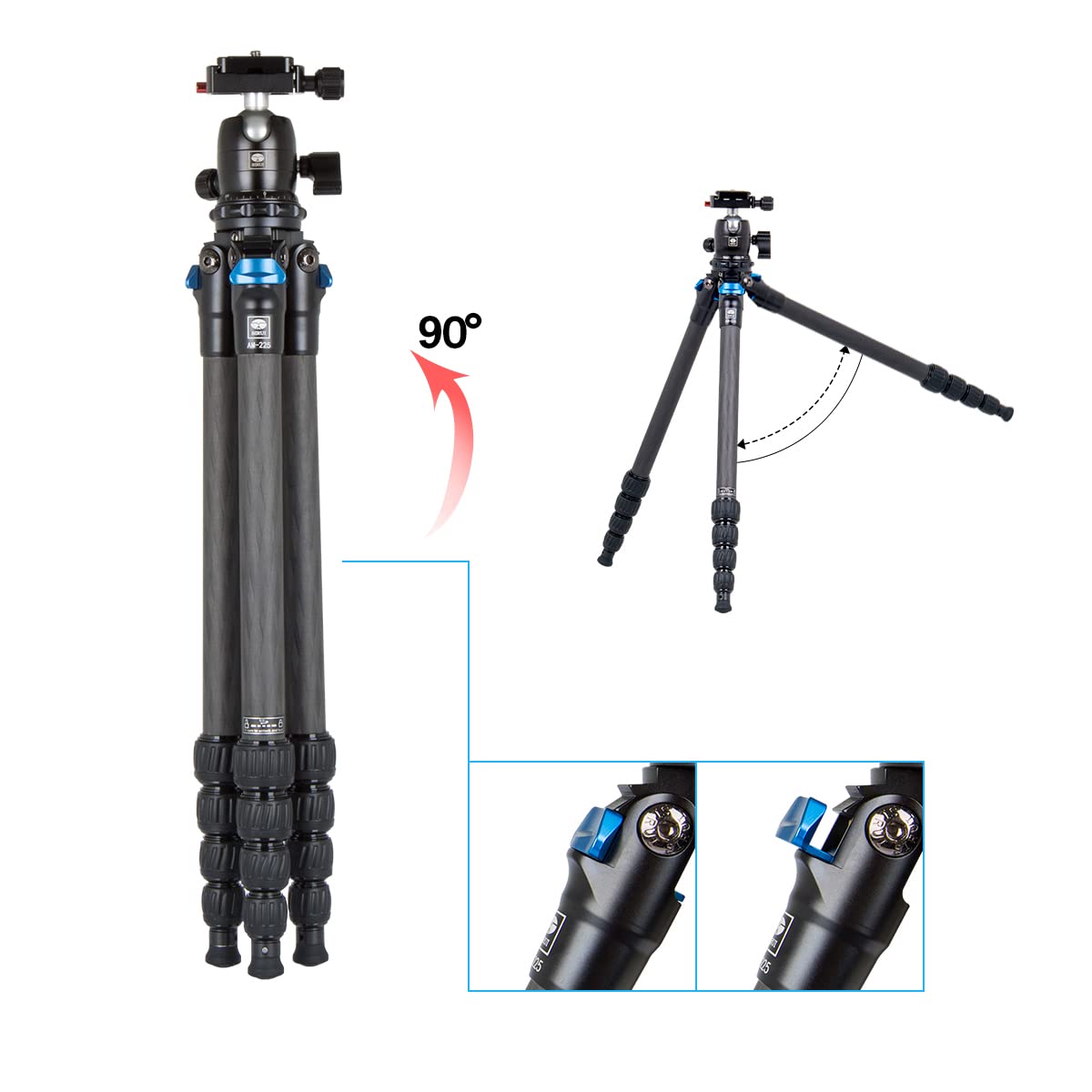 SIRUI 50″ Trípode de Fibra de Carbono con Cabeza de Bola B-00K, Trípode de Viaje Compacto y Ligero para Cámaras, Patas de 5 Secciones, Placa para Arca, Carga Máxima 13,2lbs/6kg - AM-225