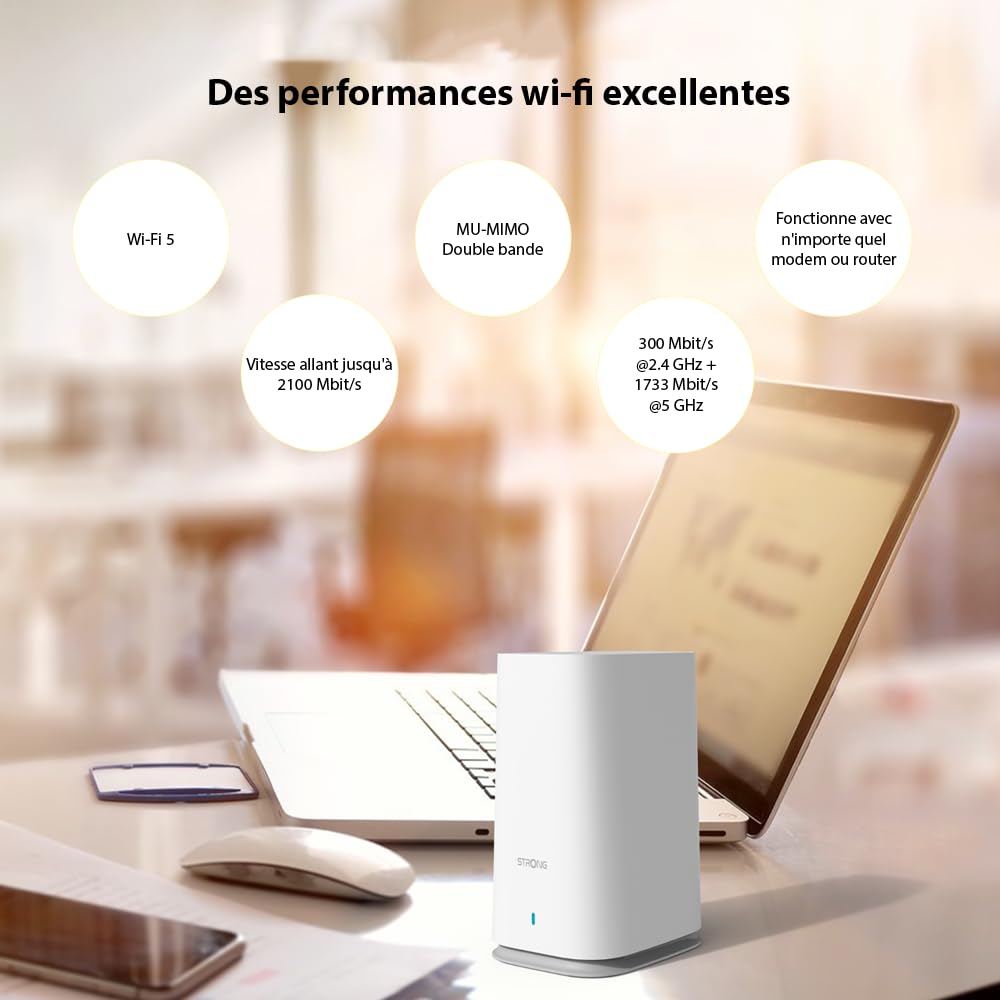 Strong, MESHKIT2100 Atria - Sistema WiFi de 5 Malla para el hogar: Cobertura 200 m2. Más área de Sombra - Booster tu WiFi a 2100 MBps. 2 Puertos Gigabit Ethernet para Box a Internet.
