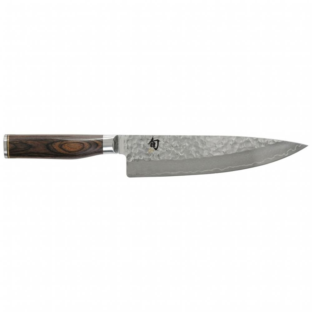 KAI Shun Premier Tim Mälzer Cuchillo de chef japonés con hoja de 20 cm - Núcleo VG-MAX 61 HRC, 32 capas de Damasco pulido - Mango de madera de Pakka de color marrón medio - Superficie martillada