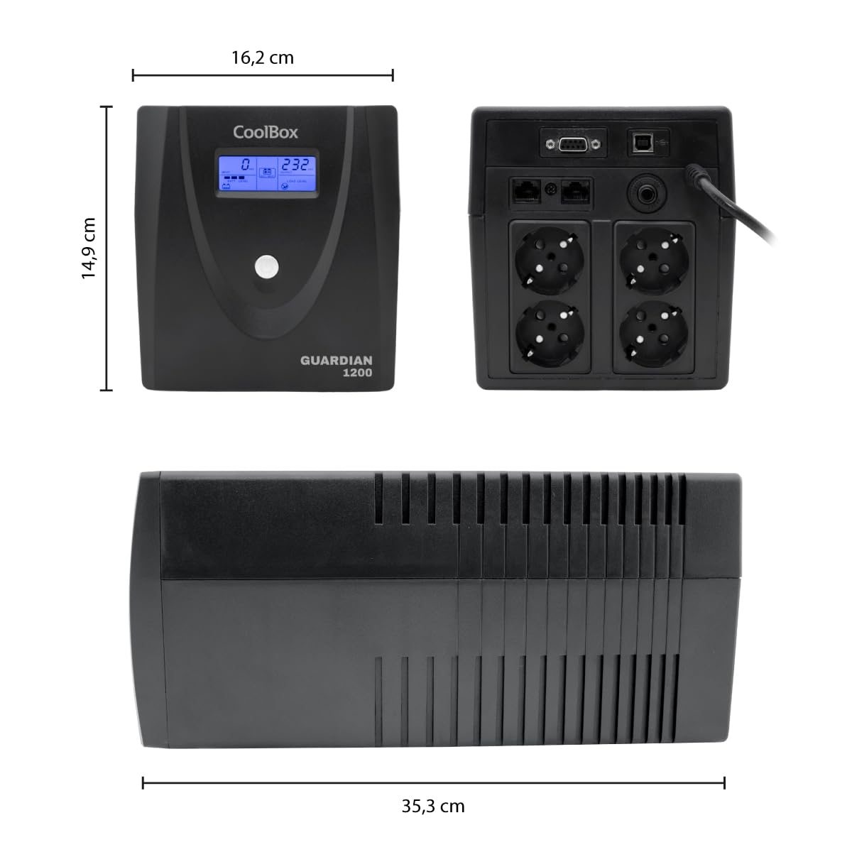 CoolBox GUARDIAN3 SAI 1200VA Sistema de Alimentación Ininterrumpida UPS 1200A/720W con Pantalla LCD, Alarmas Indicadoras, 4 Tomas Schuko 1 Puerto USB, 2 Puertos RJ-45 (In & out), Software de Control