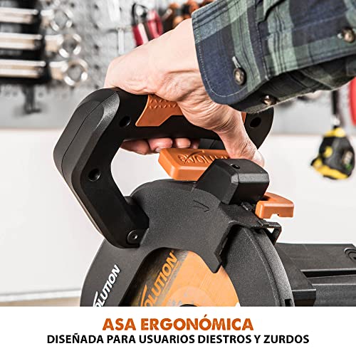 Evolution Sierra ingletadora deslizante de 185 mm (R185SMS+) de Evolution con corte multimaterial; bisel de 45°, inglete de 50°; guía láser. Incluye hoja multiusos