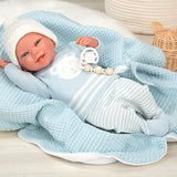 ARIAS - Muñeco Reborn Paulo de 40 cm, con ropita Azul a Rayas y Manta a Juego, bebé recién Nacido con Cuerpo de Vinyl, Accesorios Chupete y chupetero, Juguete para niños Desde +3 años (ARI98148)
