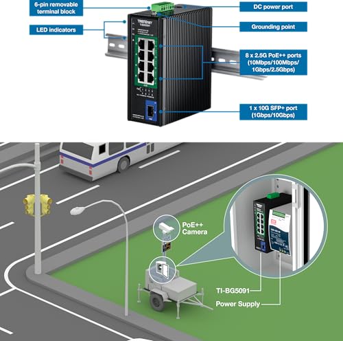 TRENDnet, TI-BG5091, Switch PoE++ DIN-Rail Industrial de 9 Puertos 2.5G con Puerto SFP+ 10G, multigigabit, 8 Puertos PoE++ 2.5G, 1 Puerto SFP+ 10G, presupuesto de Potencia PoE de 480 W, 60 Gbps