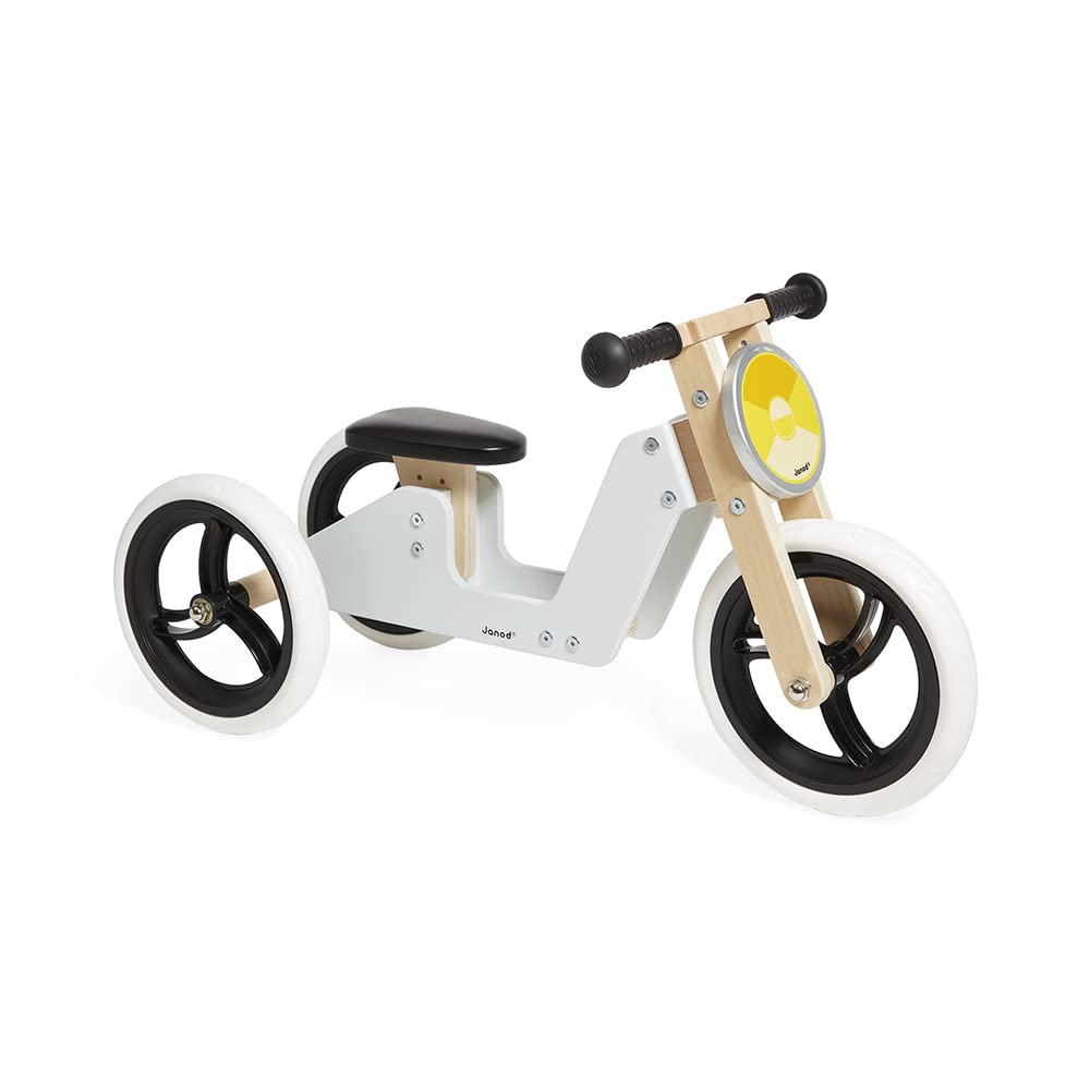 Janod - Bici sin Pedales Triciclo Evolutivo de Madera 2 en 1 - Asiento Regulable y Manillar Ergonómico - Vintage - Equilibrio y Autonomía - Gris - A Partir de 18 Meses, J03280