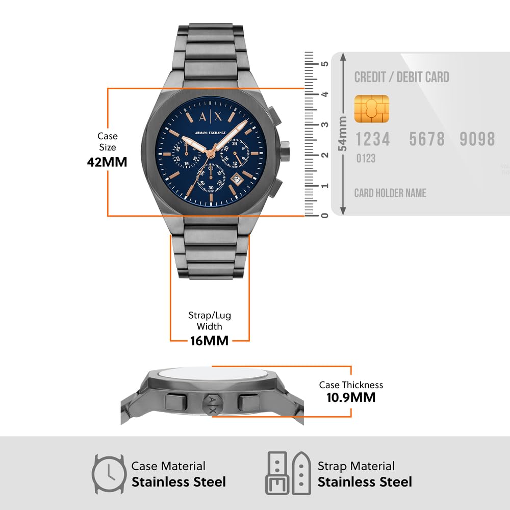 Armani Exchange Orologio da uomo, Movimento cronografo al quarzo e cassa da 42 mm con cinturino in Acciaio inossidabile