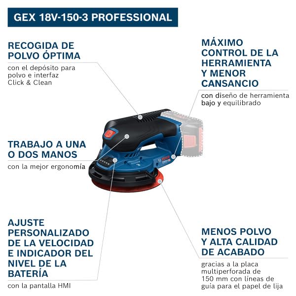 Bosch Professional 18V System lijadora a batería GEX 18V1503 (incl. 1 papel de lija, 1 caja de polvo, 1 anillo de protección, LBOXX 162)
