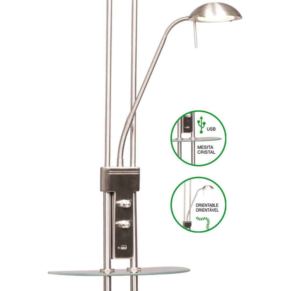wonderlamp Lámpara de pie LED Olimpia (18W+5W). Brazo flexible para lectura. Luz regulable - repisa de cristal y cargador USB, W-A000136
