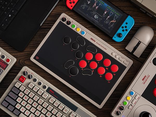 8Bitdo All-Button Arcade Controller for Switch & Windows – Bluetooth, 2.4G, Wired Connectivity, Low-profile Mechanical Switches, 4 Programmable Buttons, Hot-swappable PCB