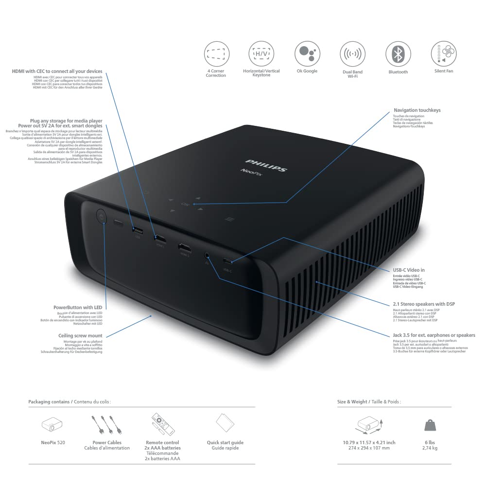 Philips NeoPix 520, proyector True Full HD con Android TV, Chromecast y conexión HDMI Integrados