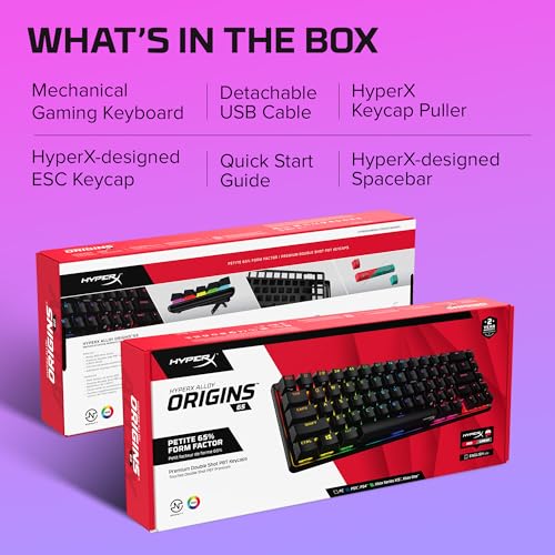HyperX Alloy Origins 65 – Teclado mecánico para juegos - Formato ultracompacto al 65% – Tecla HyperX Red (lineal) - Cubiertas de PBT de doble capa de las teclas - Retroiluminación LED RGB