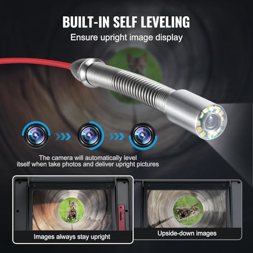 VEVOR Cámara de Alcantarillado, 100 m, Cámara de Drenaje Autonivelante con Pantalla Táctil, Transmisor de 512 Hz y Contador de Distancia, con Luces, 12 LED, Tarjeta de 32 GB, 555 × 275 × 665 mm