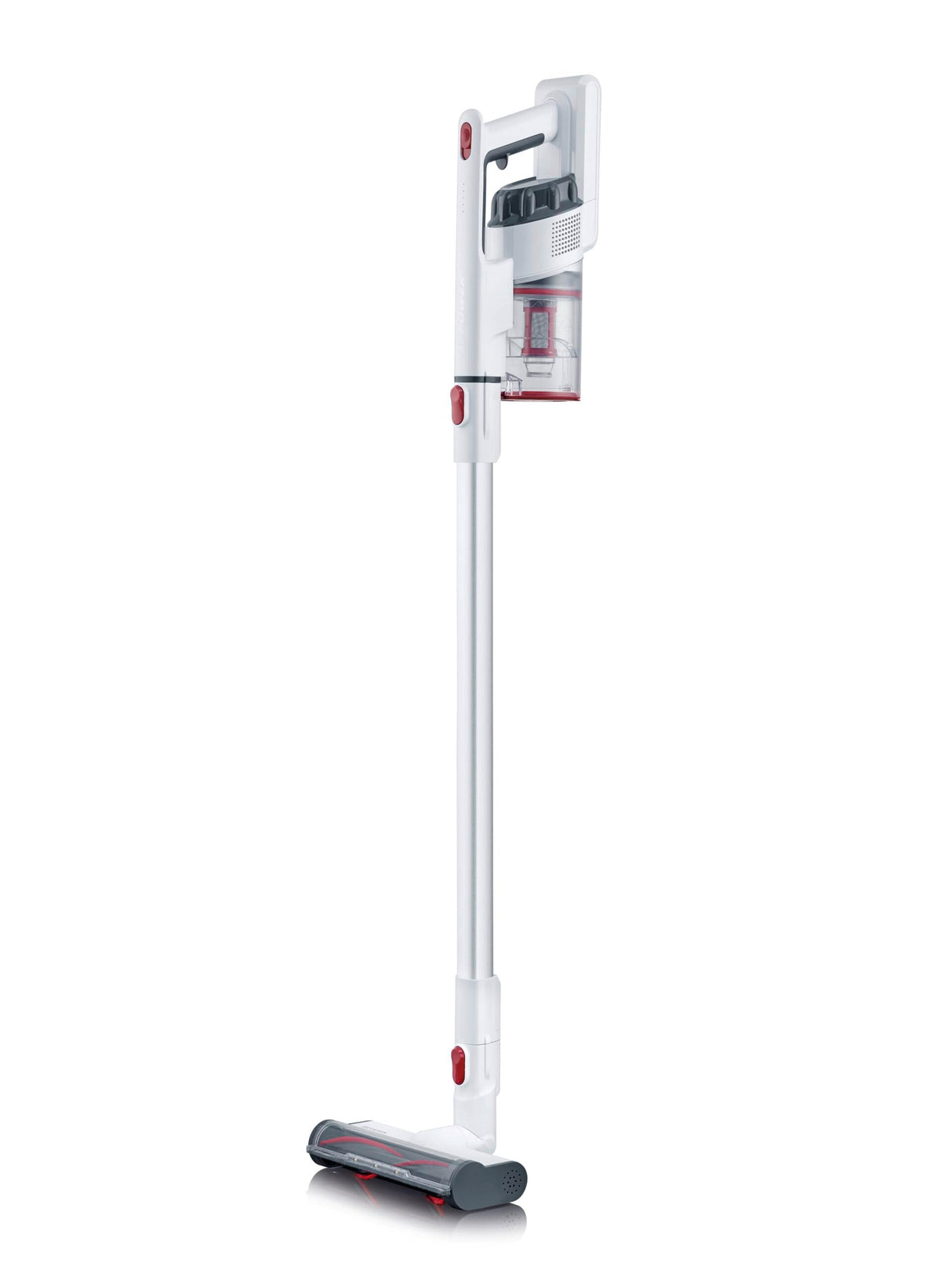 SEVERIN Aspiradora de Mano y Vertical, 120 W, 0.5 Litros, 75 Db, Poder de succión 25 AW / 10 kPa, Capacidad de la batería 2.200 mAh, Autonomía de la batería hasta 40 minutos, Blanco / Rojo, HV 7152