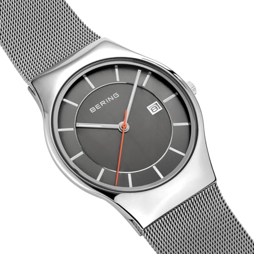 BERING 11938-007 Reloj de cuarzo para hombre con caja de acero inoxidable de 40 mm con acabado en gris y esfera gris, correa milanesa, cristal de zafiro y resistencia al agua de 3 ATM