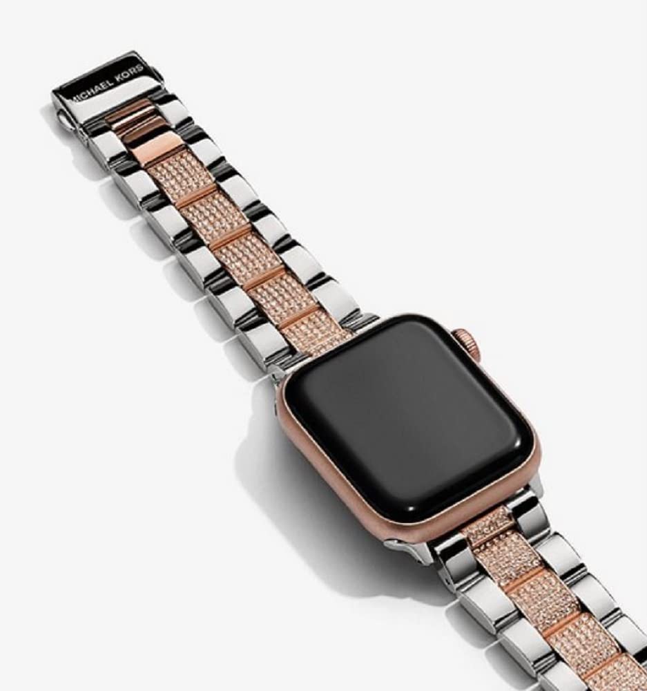 Michael Kors Correa de acero inoxidable o acetato para mujer, compatible con Apple Watch de 38 mm/40 mm/41 mm, Plata y oro rosa