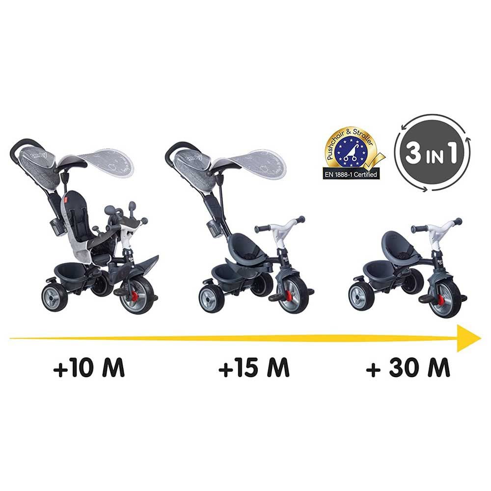 Smoby- Triciclo Baby Driver Confort Plus Gris, Evolutivo, Bastidor Metálico, con Barra de Empuje Parental, A Partir de 10 Meses