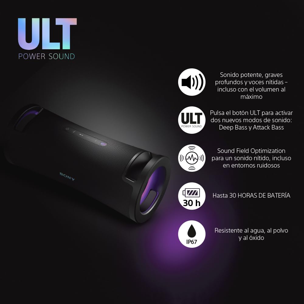 Sony ULT FIELD 7 Altavoz inalámbrico bluetooth portátil con ULT POWER SOUND y Deep Bass, altavoz X-Balanced, 30H de batería, IP67, resistente al agua, iluminación LED, micrófono, entrada para guitarra
