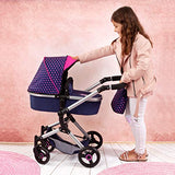 Bayer Design 18454AA Cochecito para muñecas Neo Vario con bolso cambiador y cesta de la compra, convertible en coche deportivo, altura ajustable, moderno, azul con patrón de unicornio y corazón