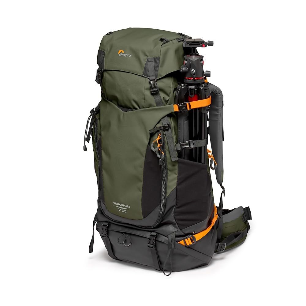 Lowepro PhotoSport PRO BP 70L AW IV - Mochila para cámaras réflex sin espejo, acceso delantero/trasero, compartimento extraíble para cámara, correas de accesorios, talla M/L, gris oscuro/verde
