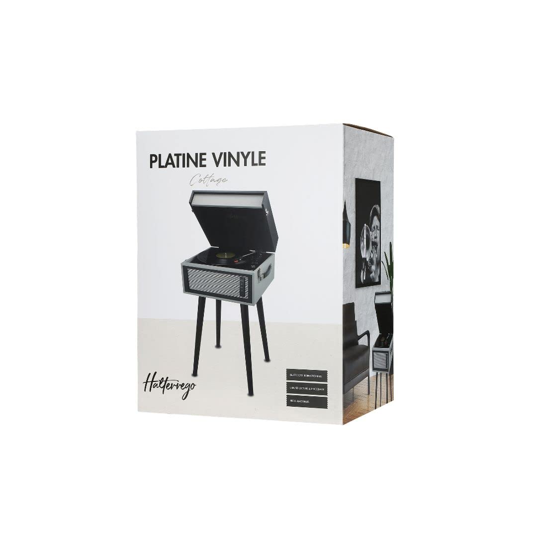 Platino de Vinilo Halterrego con 4 Patas de Madera extraíbles y HP integradas, RMS 2 x 5 W, RCA out, Aux in y Toma de Auriculares, BT in/out, lec y enrg USB, Gris