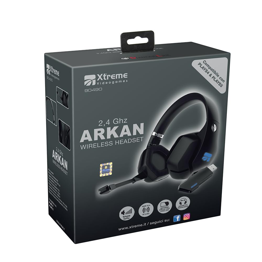 Xtreme Videogames Arkan 90490 - Auriculares para Gaming inalámbricos con micrófono, Control de Volumen, iluminación LED, 2,4 GHz, compatibles con Plays 5/4