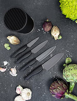 KYOCERA Juego de cuchillos de cerámica negro con cuchillo de pelar, cuchillo multiusos, cuchillo universal y cuchillo Santoku y bloque de cuchillos redondo para 8 cuchillos, KB-RD BK 4KN ZK EU