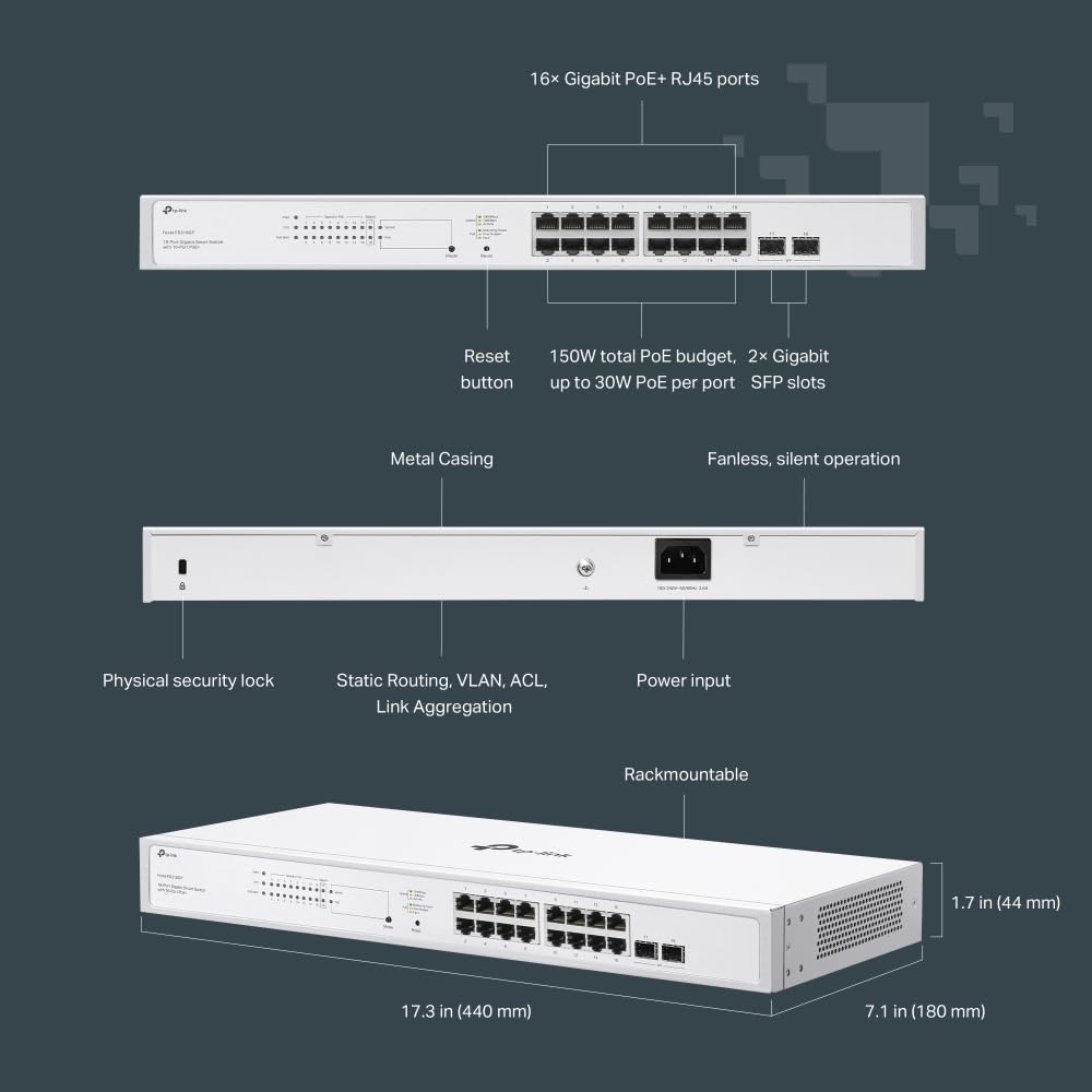 TP-Link Festa FS318GP - Switch PoE+ Gigabit de 18 Puertos, 16 Puertos PoE, Presupuesto de 150W, Gestión en la Nube, QoS para Videovigilancia y Redes Empresariales