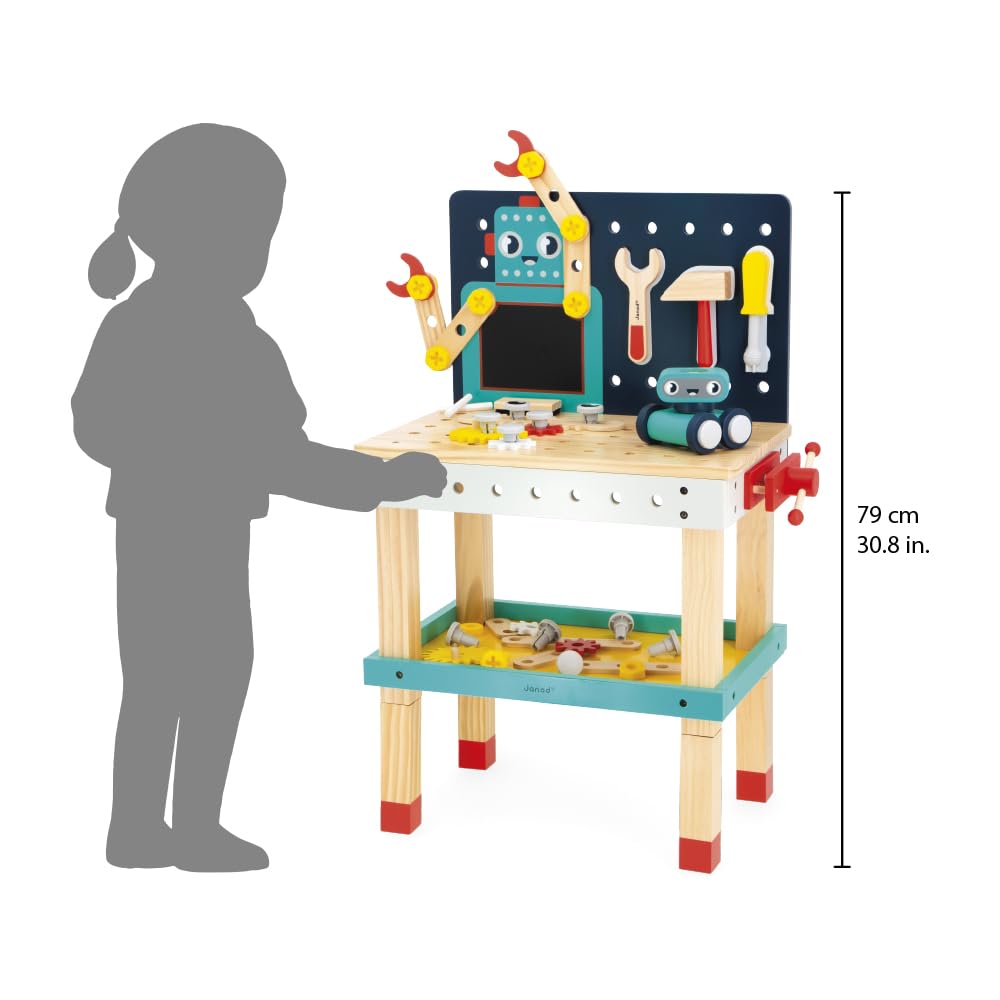 Janod - Mesa Grande Robot Brico'Kids - Juego de Bricolaje Infantil - 51 Accesorios + 3 Herramientas + 1 Robot - Juego de Imitación - Desarrolla la Motricidad Fina - A Partir de 36 Meses, J06457