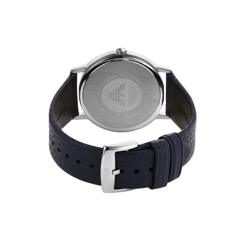 Emporio Armani Reloj para hombre, movimiento de tres manecillas, caja de acero inoxidable plateado de 41 mm con correa de piel, AR11012, Tono azul y plateado