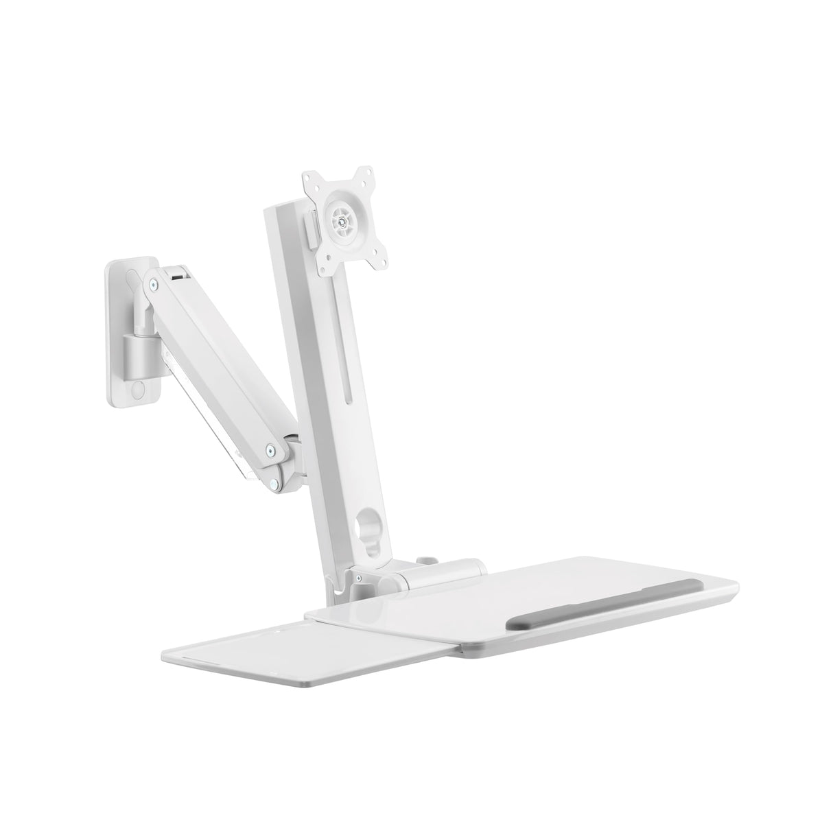 PureMounts Soporte para Monitor con Bandeja para Teclado, Soporte de Pared para Pantalla con Bandeja para Teclado, Ajustable en Altura, Giratorio, Inclinable, Estación de Trabajo de Pie, Blanco