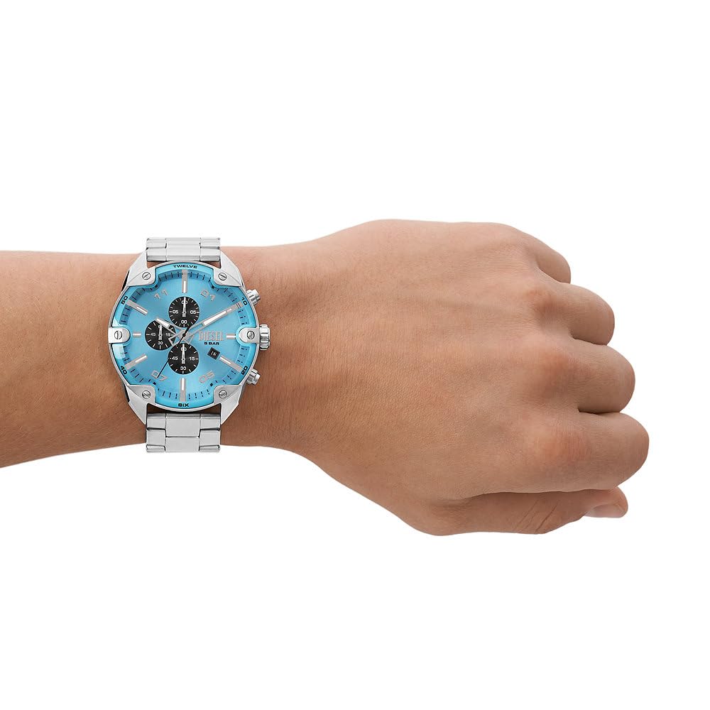 Diesel reloj Spiked para hombre, movimiento cronógrafo de cuarzo con correa de acero inoxidable, Tono plateado y azul claro